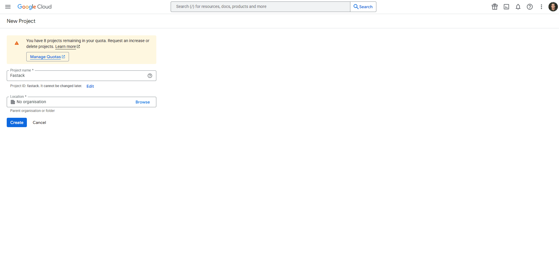 Google Cloud Console - Create Project
