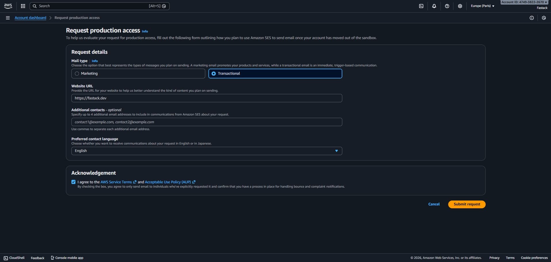 Request production access in AWS SES