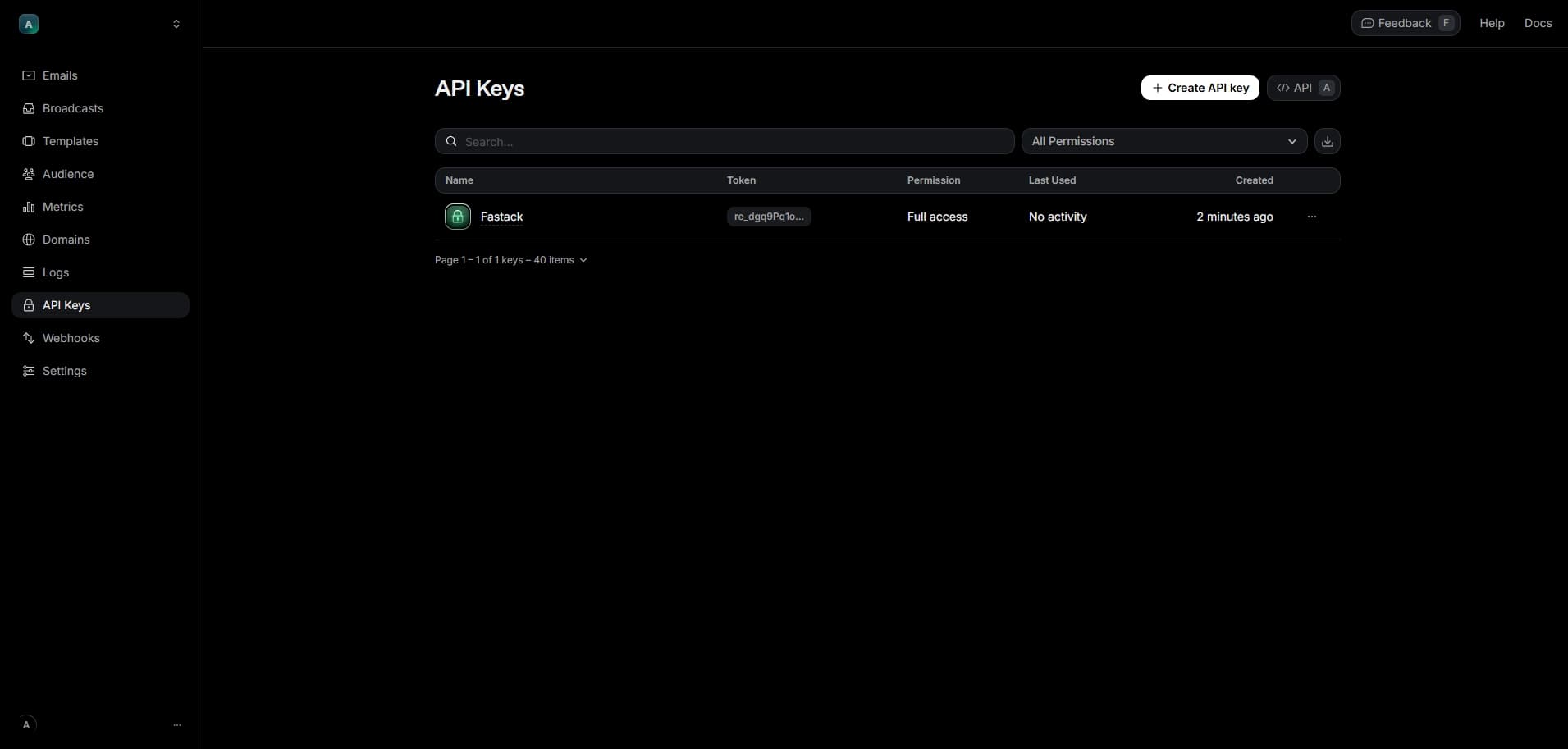 Create API key in Resend