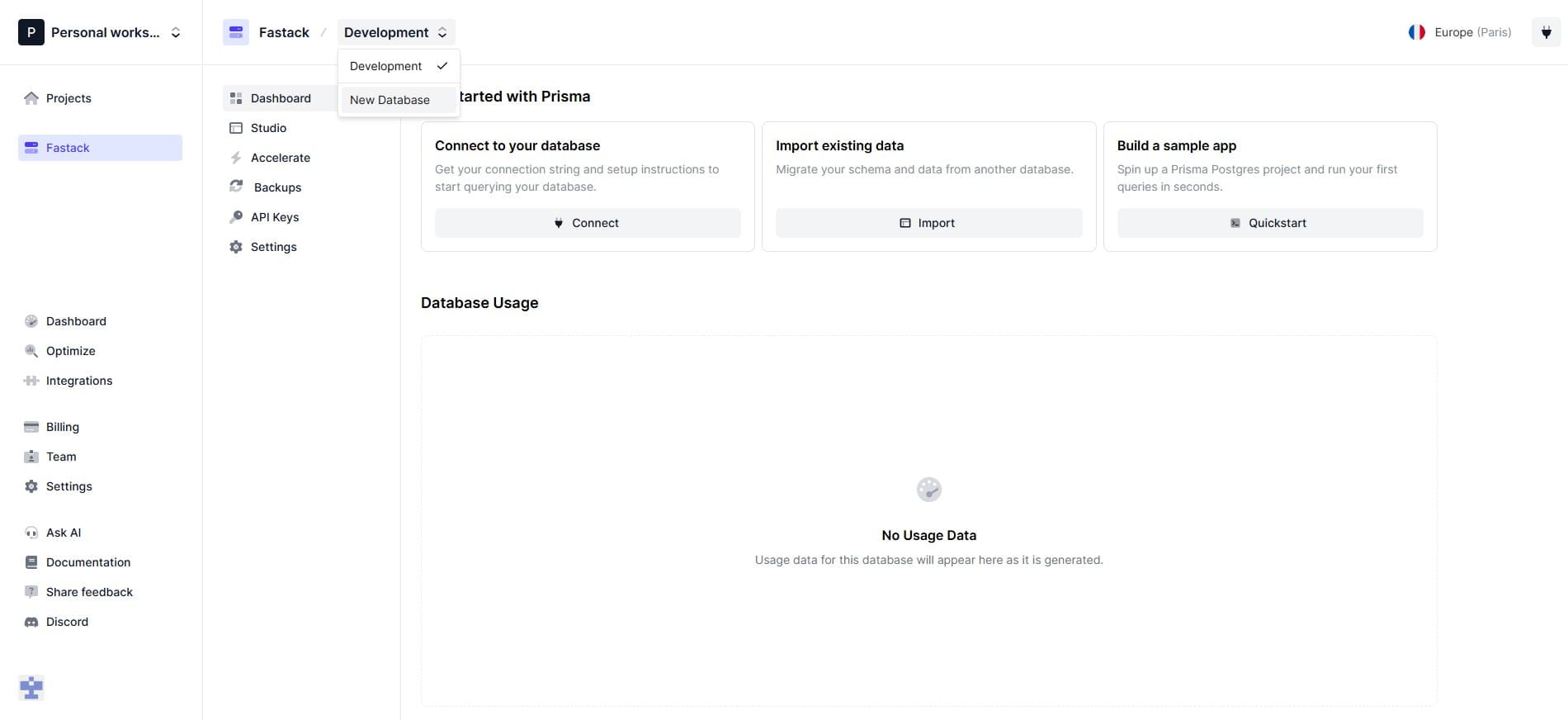 Prisma Console - Create new Database