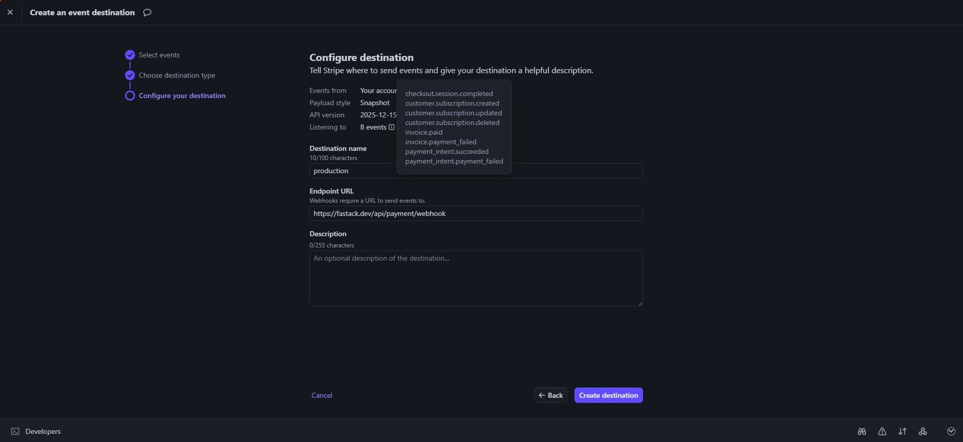 Stripe Configure Destination