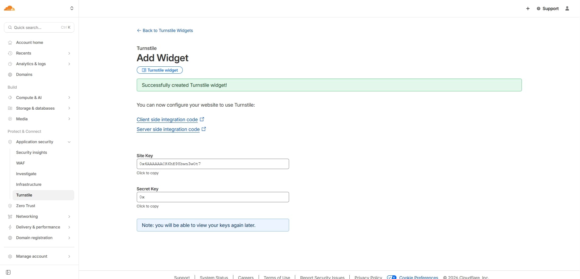 Cloudflare Turnstile widget keys